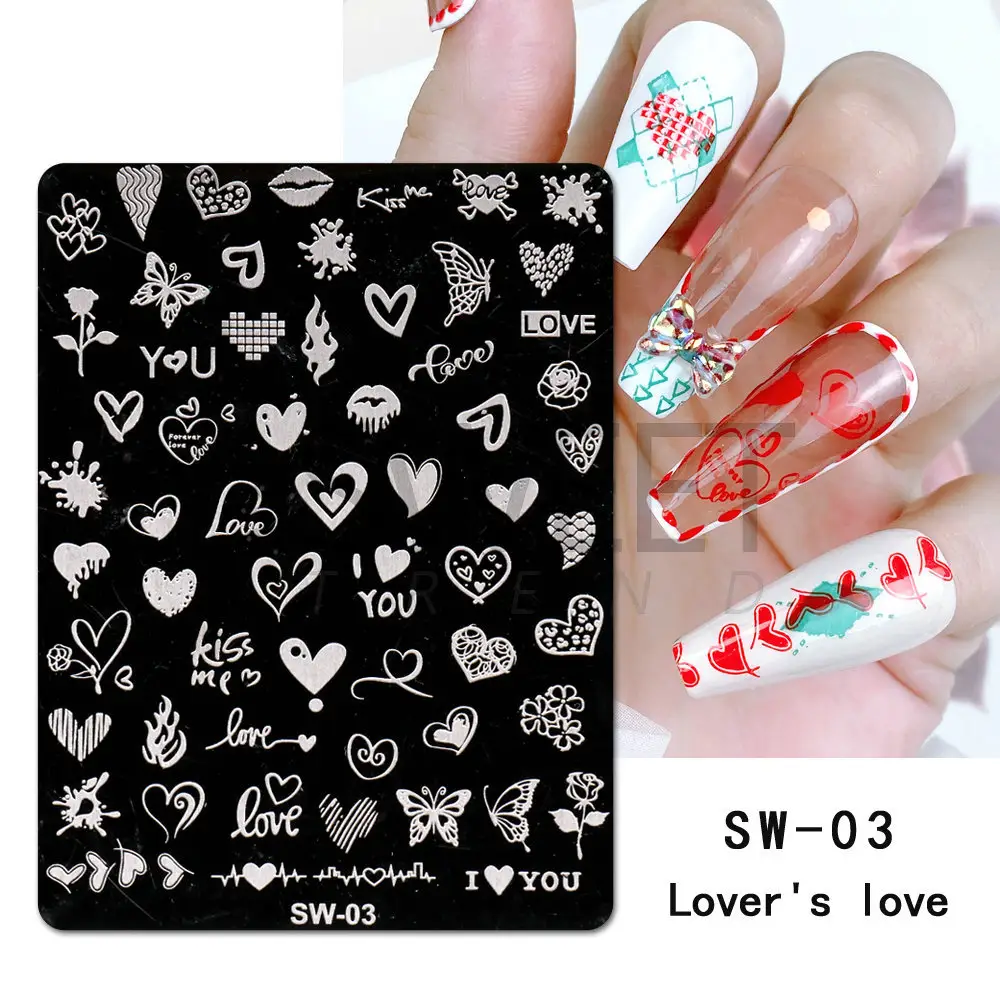 Herz Geometrie Stempeln Nagel Stempel platten Schablone Blumen Spitze Französisch Tipps Maniküre Nail Art Druck Gel Polish Vorlagen Platte