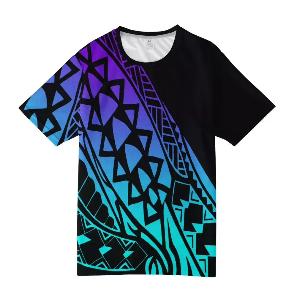 Camiseta de manga corta de tela de poliéster para hombre, diseño tribal polinesiano a la moda, estampado fluorescente de color, camisetas de verano al por mayor