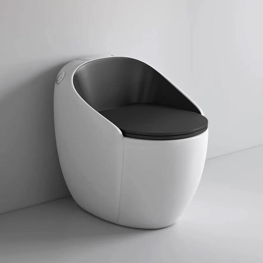 Armadilha para banheiro tipo ovo, modelo moderno, cor preta e branca, peça única, em formato de ovo, cerâmica, wc, vaso sanitário