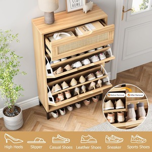 Wholesale Compartments Modern 3 Layers Flip Wooden Rattan Shoe Cabinet Rack Organizer Space Saving for <strong>Entry</strong> - Product Image 5