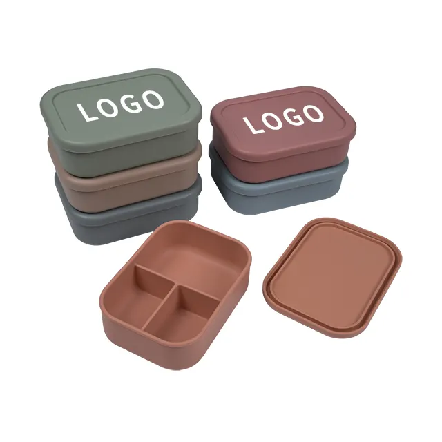 Personalizar o logotipo BPA livre food grade hermético selo refeição prep 3 seção silicone bento lunch box food storage container para crianças