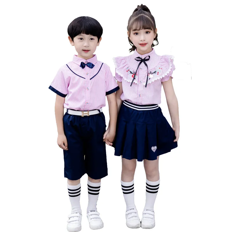Falda de manga corta personalizada para niños, pantalón corto de uniforme escolar de 2 piezas, con botones, para fiesta, a rayas