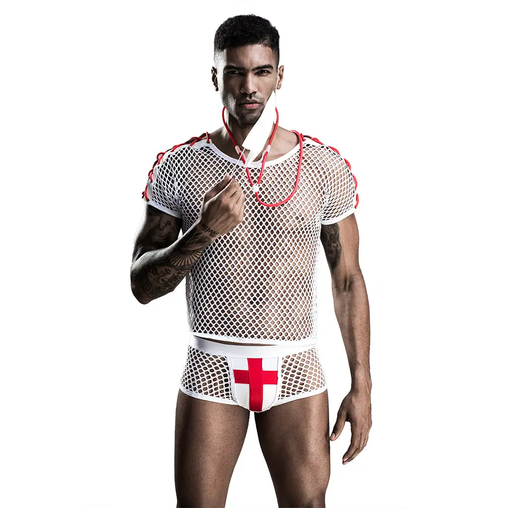 Punto de fábrica nueva ropa de red sexual para hombres uniforme sexual seductor blanco para Doctor sexy