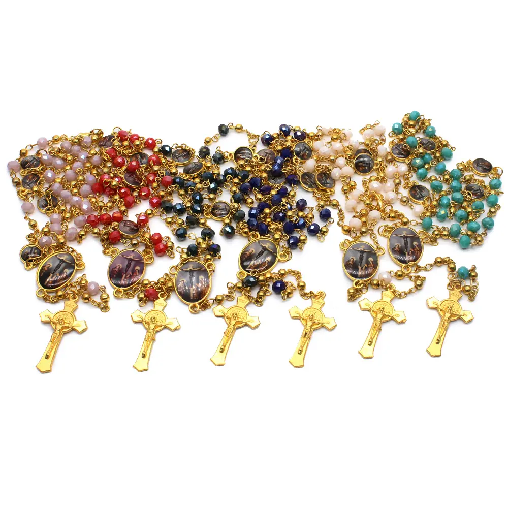 Collana di rosario con croce cristiana cattolica in cristallo con perline di metallo religioso