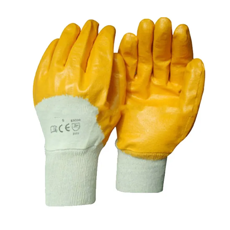 Barato amarillo de Palma recubierto de nitrilo guantes de trabajo con forro de interbloqueo