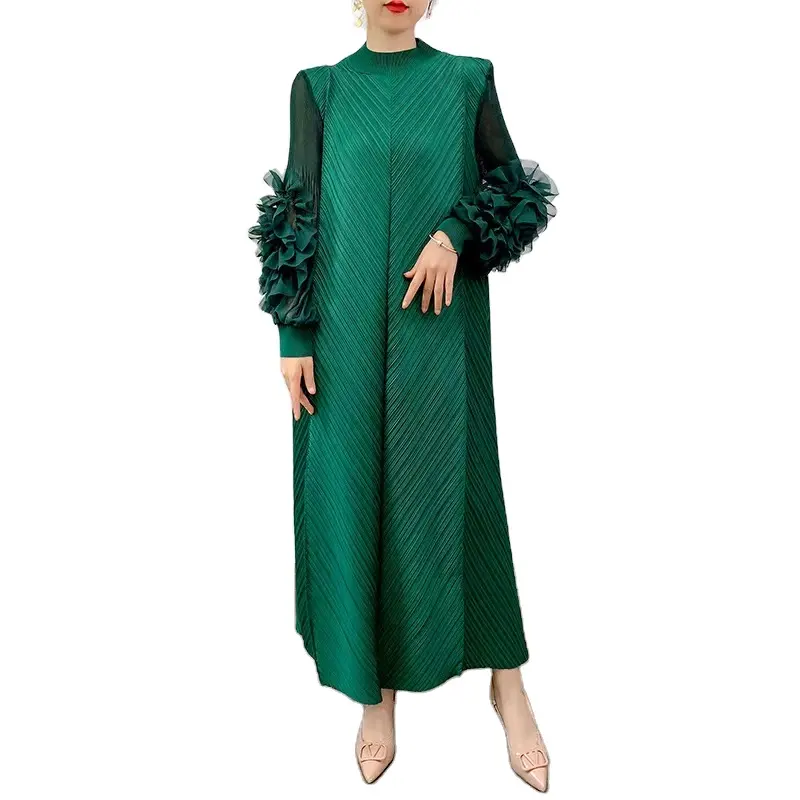 Nouvelle robe ethnique plissée islamique conservatrice musulmane col rond multi-couches pétale lanterne manches plissées cheville longueur robes