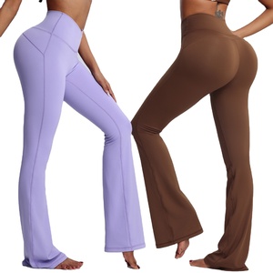 Mallas acampanadas con logotipo personalizado 2025 para mujer, pantalones de Yoga con corte de bota de cintura cruzada en forma de V, mallas acampanadas de pierna ancha suave con fruncido de LICRA
