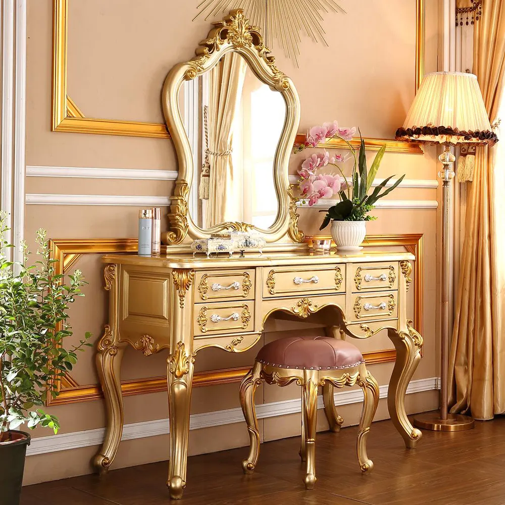 Tocador con marco de madera dorada para dormitorio, 5 cajones, juego de cama y tocador de estilo europeo clásico, soporte de maquillaje para mujer, mesa de espejo