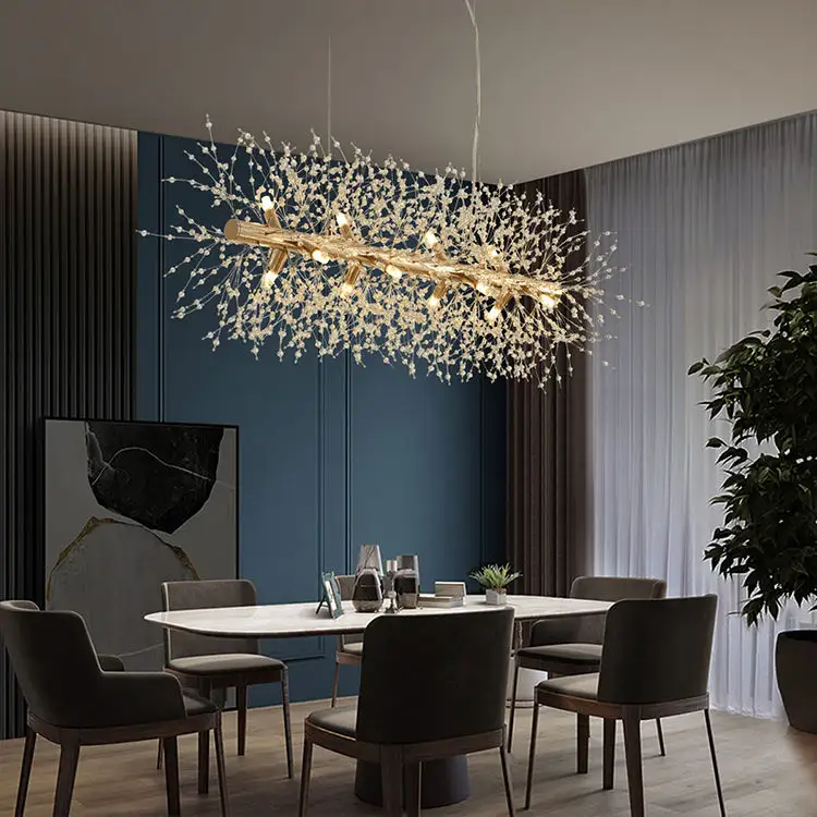 Modern Style Light Fixtures Art Deco Living Room Gold Linear Ceiling Luxury Lustre Crystal Chandelier Pendant Light