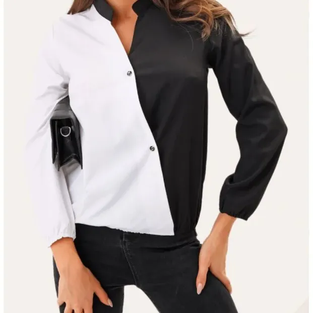 Camisa feminina casual profissional moda primavera 2024, novo estilo, manga comprida, cor contrastante, para viagens