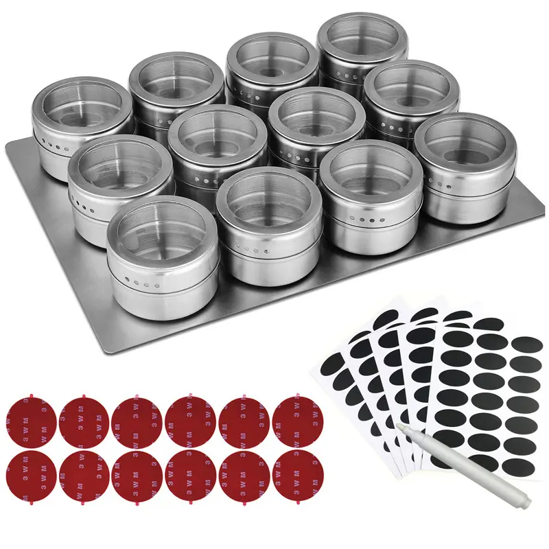 アマゾンホット販売ステンレス鋼調味料スパイスラックセット磁気ジャー付き12個磁気スパイス缶キッチン用オーガナイザー