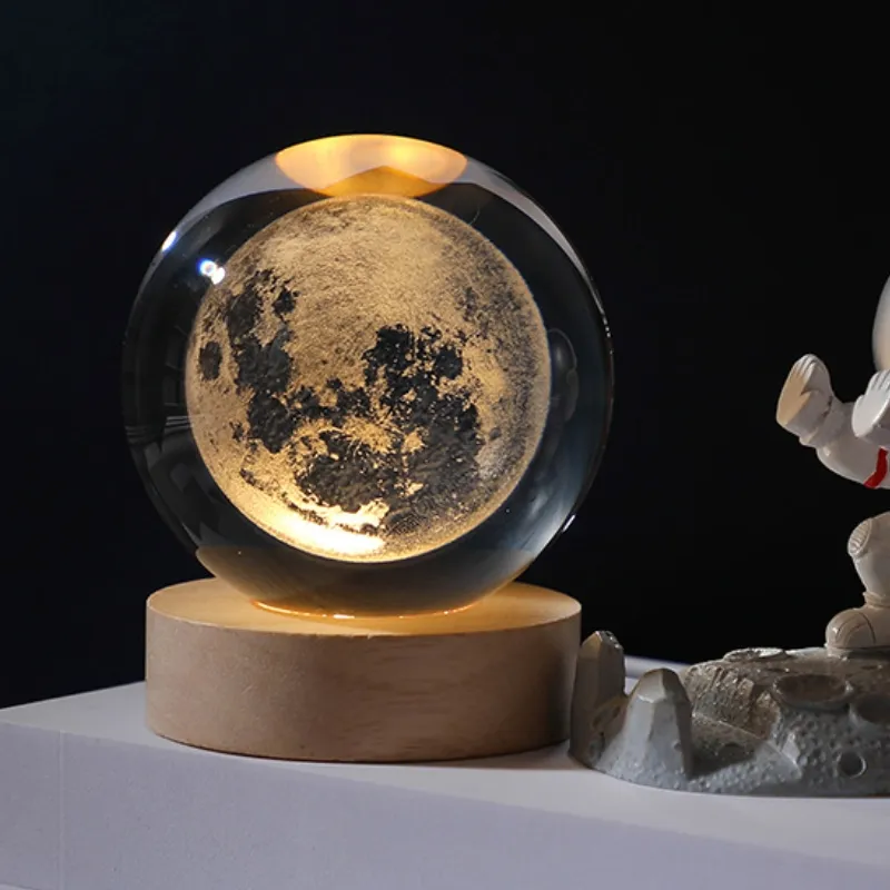 Bola de cristal 3D com base de madeira, decoração de Natal com plug USB, bola redonda LED para crianças, enfeites de Natal, decoração de Natal