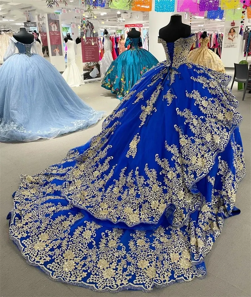 Mumuleo moderno azul real vestidos de quinceañera 2023 fuera del hombro apliques de lentejuelas corsé hinchado vestido de baile Vestidos de Graduación