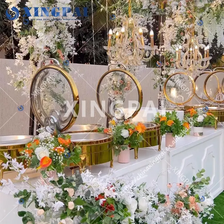 XINGPAI vendita calda dubai round royal luxury gold catering idraulico chafing dish buffet set con coperchio in vetro visibile