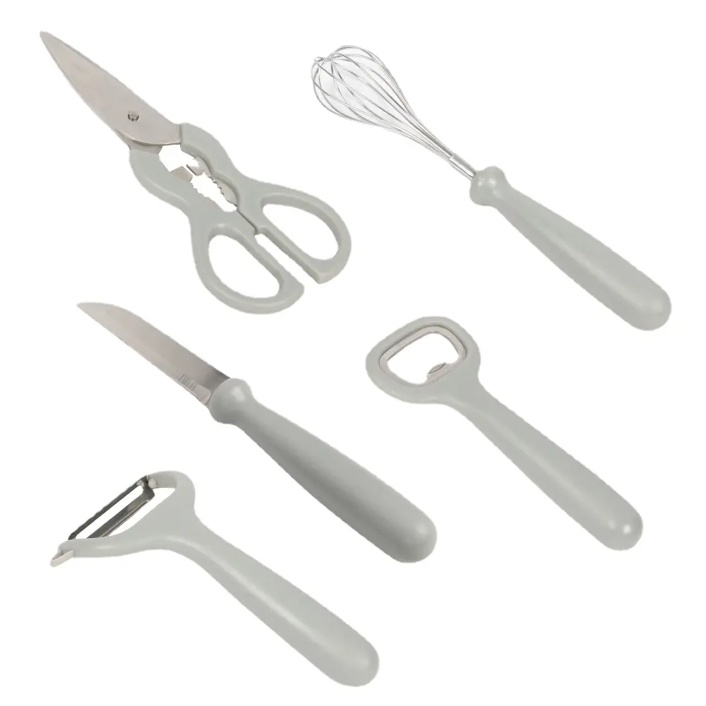 Gadget de cocina inteligente, 6 uds., accesorios grises con soporte para el hogar, utensilios de cocina de acero inoxidable, utensilios de madera sostenibles