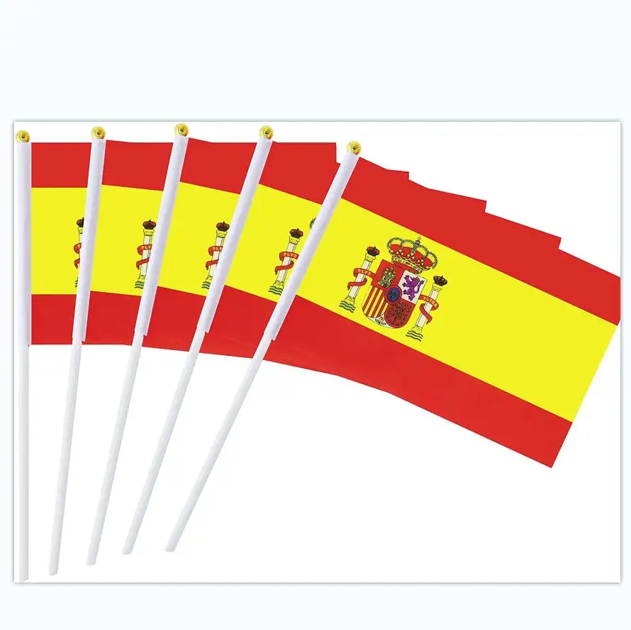 Дешевый запас 14*21 см Флаг Испании Испанский флаг ручной палкой флаг с шестом