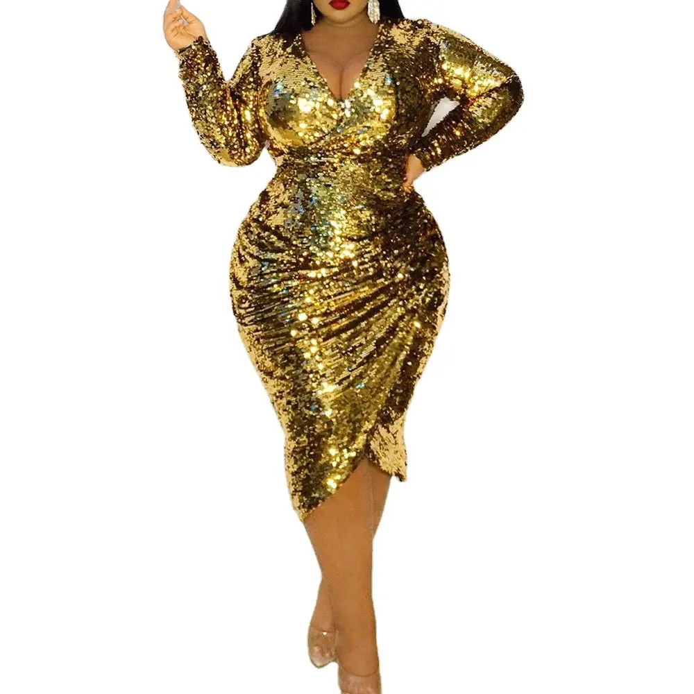 Plus Size Women Night Club Dress Glitter Shiny Luxury Golden Large Sizes Long Sleeve Bodycon Ruched Sequin Dress