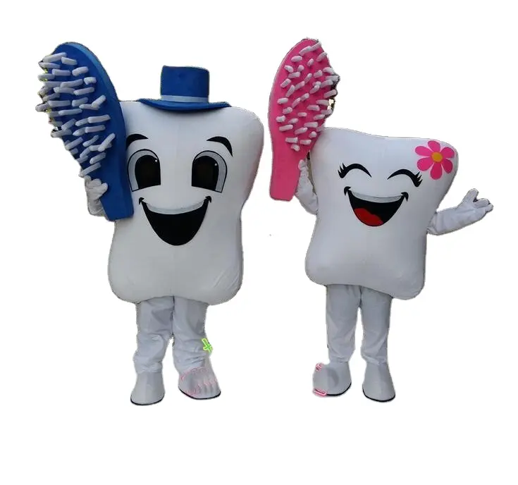 Un paio di costume della mascotte del dente sano formato adulto cartone animato ragazza/ragazzo denti mascotte dentista pubblicità vestito operato
