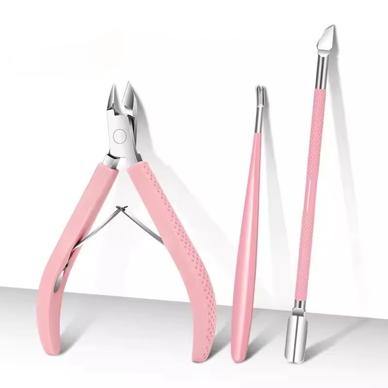 Pince à cuticules en silicone rose - Repousse-cuticules en acier - Fourchette à cuticules - Sachet PP