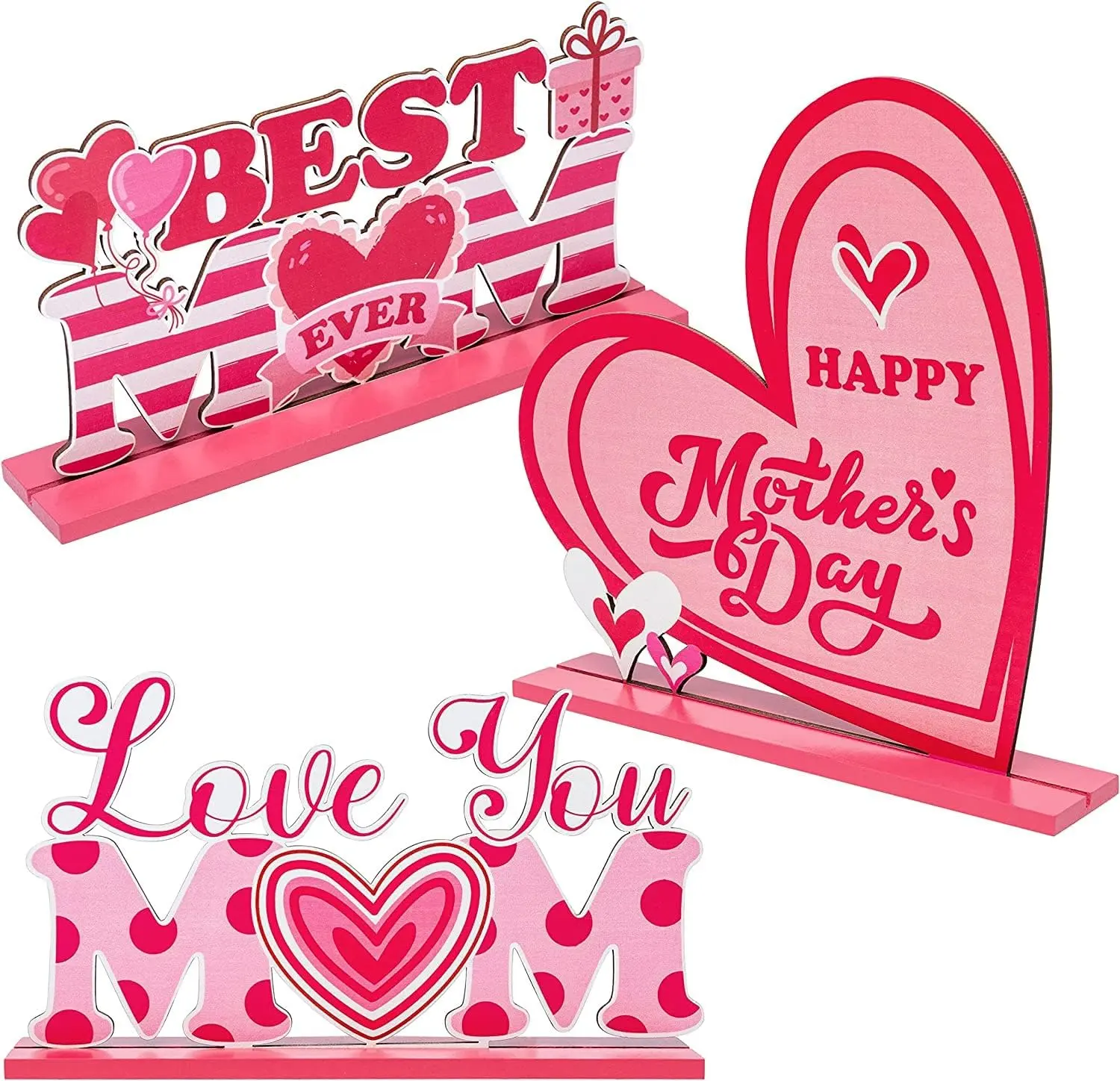 Pafu 3 peças de madeira para decoração de mesa, peças centrais rosa para o feliz dia das mães, melhor presente personalizado para a mãe, coração, amor, parede, enfeites para casa, com cores