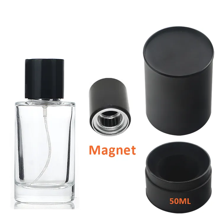 Bottiglia di profumo cilindrica trasparente vuota di alta qualità da 50ml di lusso con confezione in scatola nera Premium
