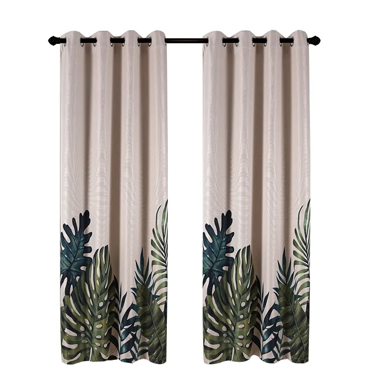 100% Polyester Blackout Palm Leaves Print Curtain Green Leaf Curtains