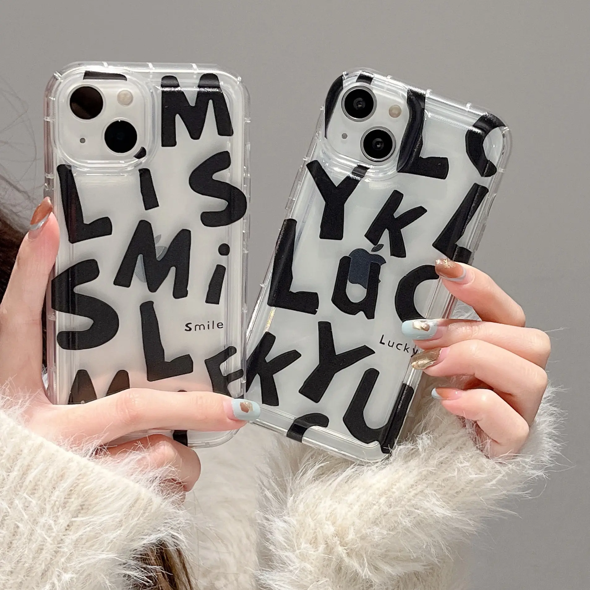 Lucky smile capa transparente de celular com letras em inglês, saco de proteção para telefone para iphone 14/13/12pro/max