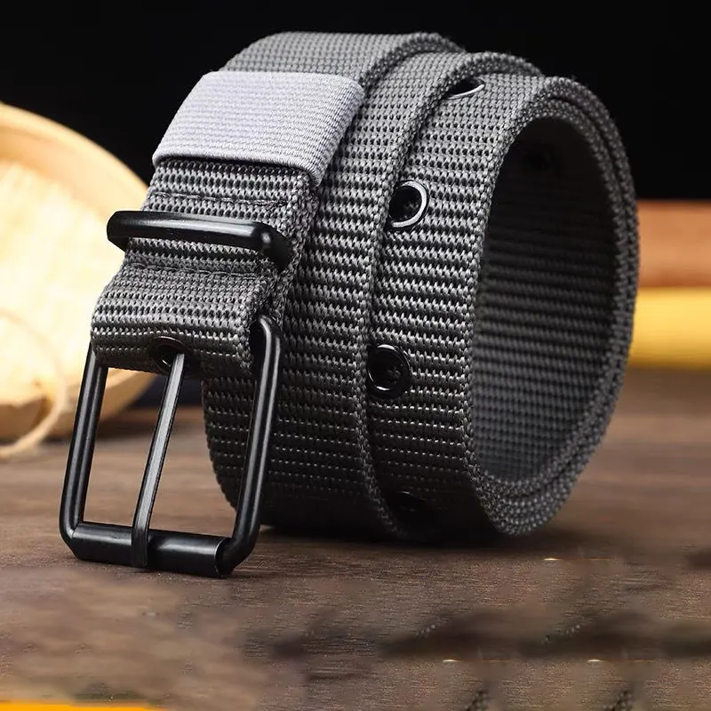 Factory Wholesale Men's Many Hole Adjustable Canvas Belt for Jeans Pin Buckle with Iron and Leather Nylon Polyester Material