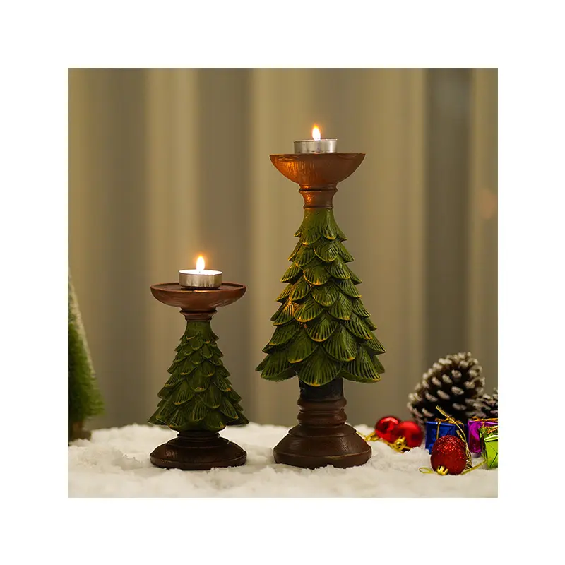 Portavelas de resina de pino verde para árbol de Navidad, mesa de fiesta, decoración de sala de estar, regalo de Navidad clásico