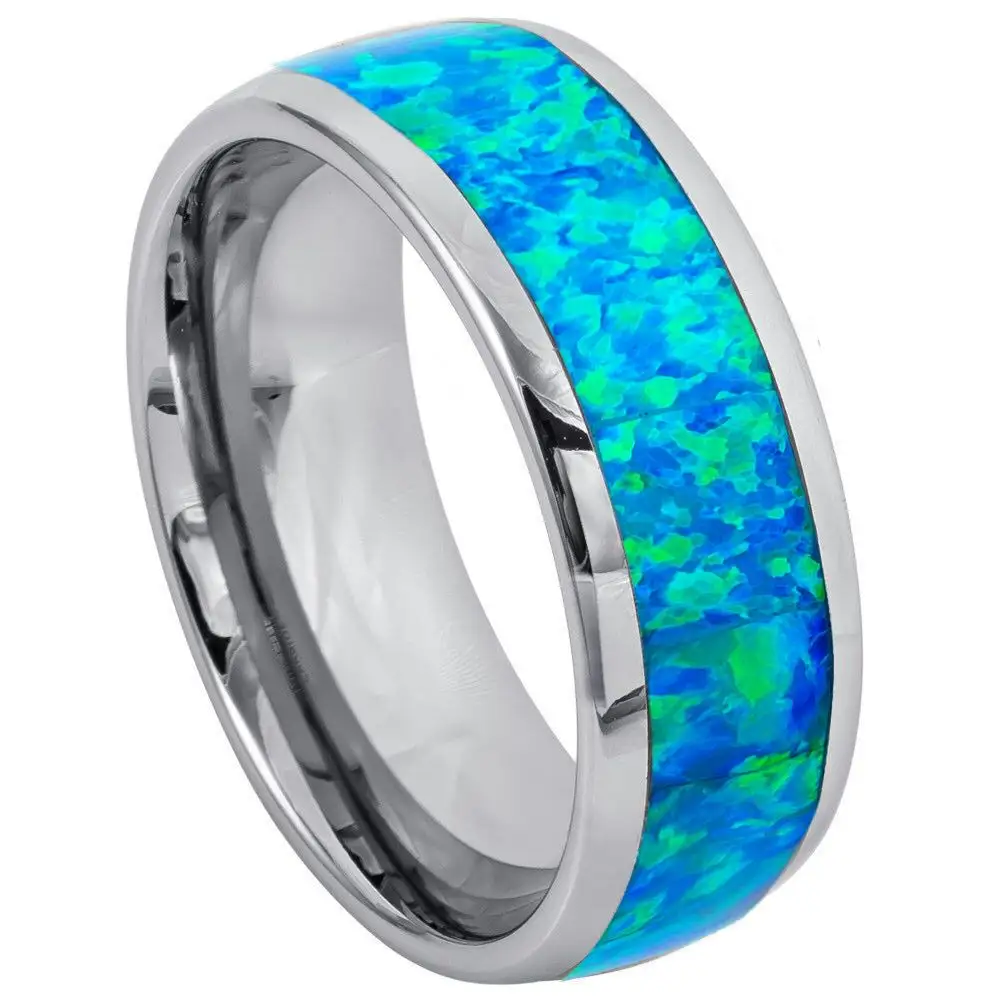 Hot selling ready to ship 8mm tungsten carbide men rings tungsten band inlay natural blue fire opal jewelry in stock