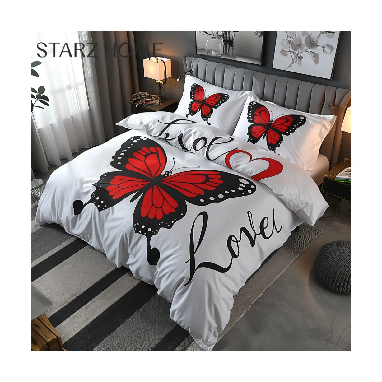 Starz Home 2024 Hot Sale Luxury Hotel Duvet Cover Comforter Bedding Sheet Set King Cotton For Girls Butterfly Bedding Set