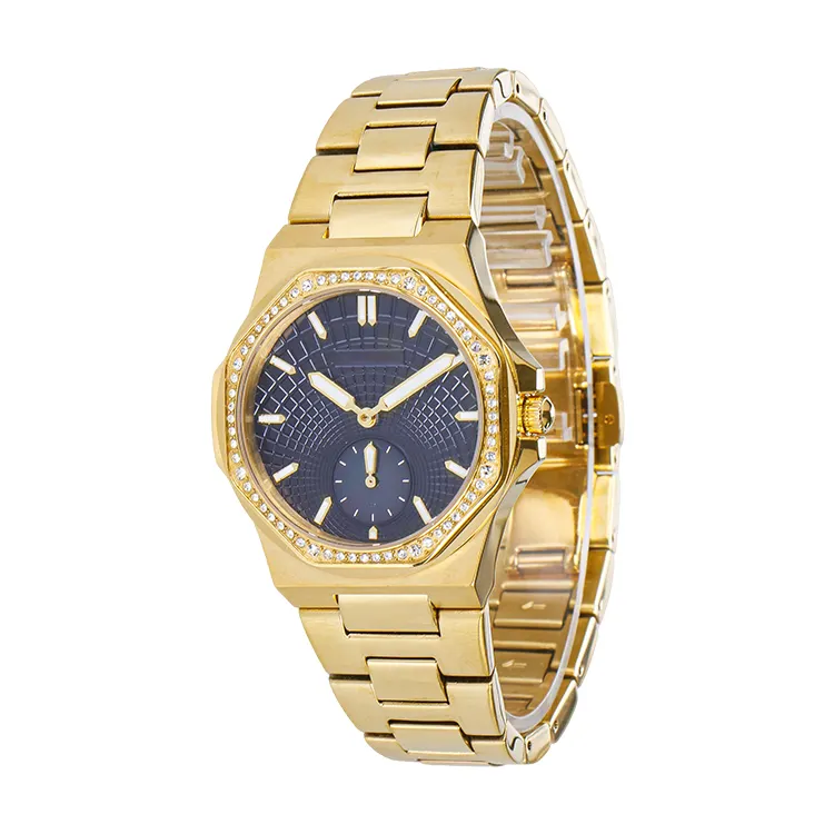 Gold Band aço inoxidável relógio para homem Imported Quartz Movement premium relógio Black Dial Luminous diamante