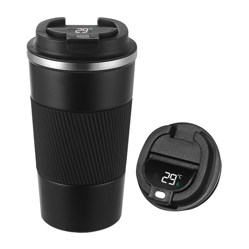 Étui intelligent en cuir noir pour tasse.