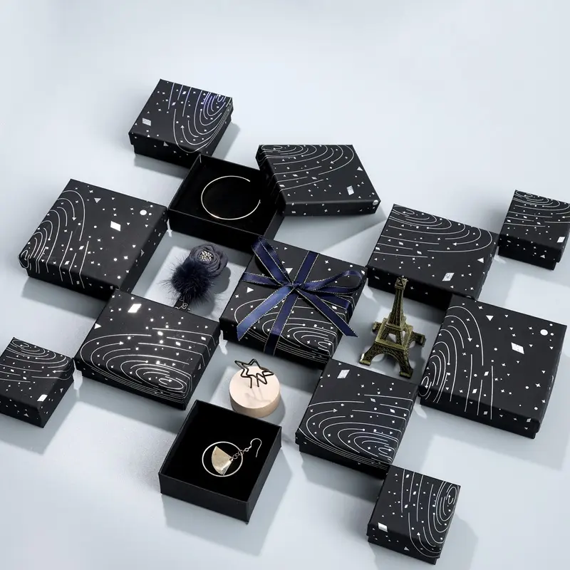 Pulseira anel brinco pulseira jóias presente embalagem caixa papelão preto reciclar kraft caixa com esponja prata folha design