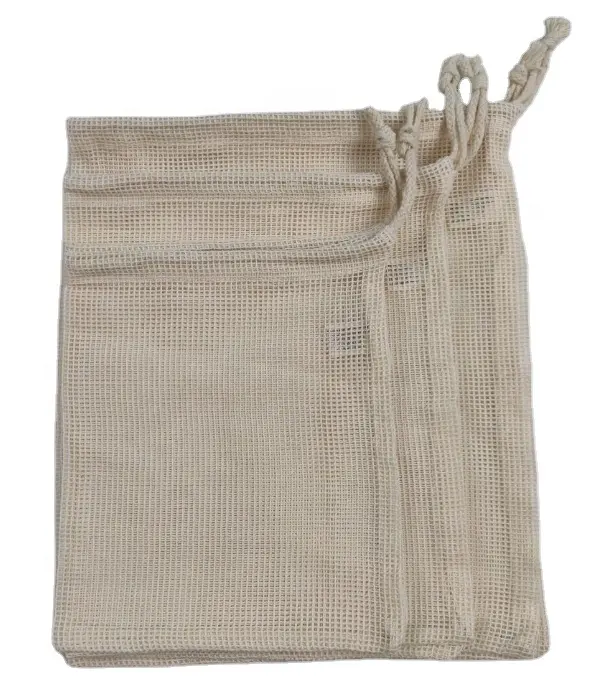 Simple ecology washable and reusable cotton mesh bags for vegetable and fruit