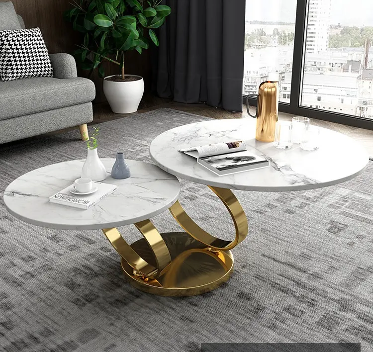 Lüks modern mermer yuvarlak gümüş beyaz oturma odası mobilya döndür uzatılabilir sehpa