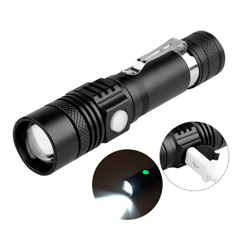 Cao lumens siêu sáng LED Đèn pin 4 chế độ loại C USB sạc flash ánh sáng không thấm nước Zoomable xách tay đèn pin