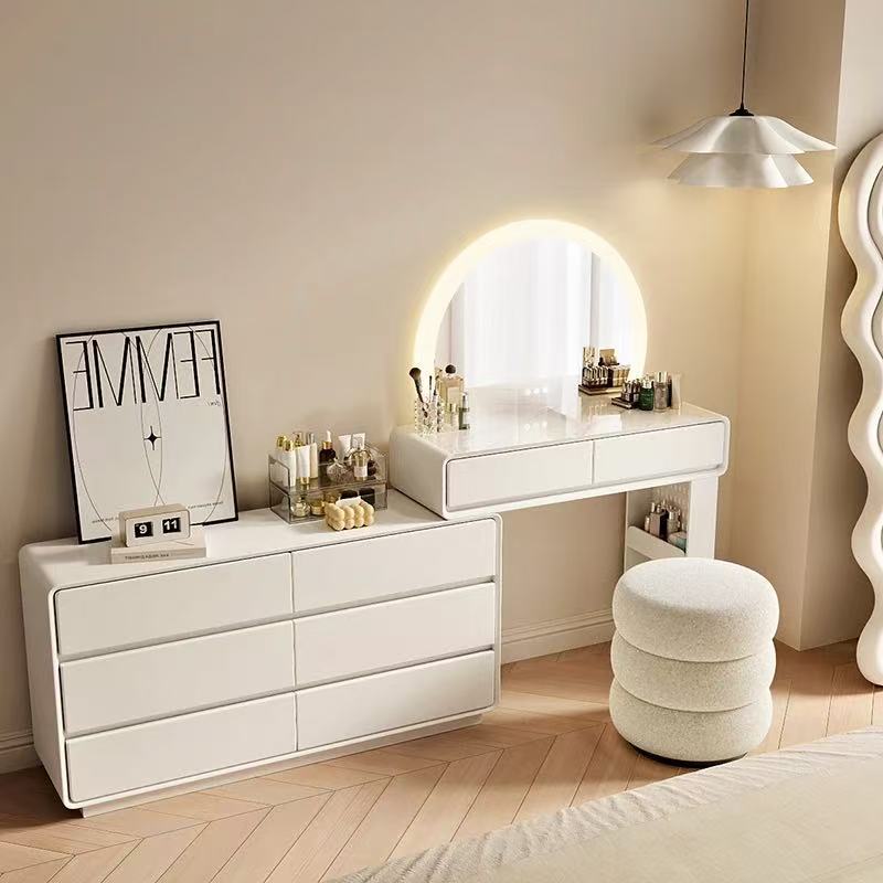 Taburete con espejo de mesa de 80 cm y cómoda de seis cajones