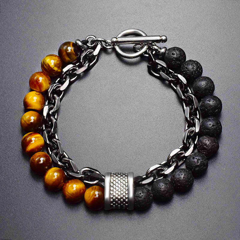 Oeil de tigre jaune + chaîne épaisse de roche volcanique