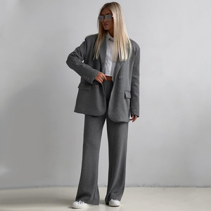 2024新款女式休闲套装优雅开衫西服纯色弹力裤两件套