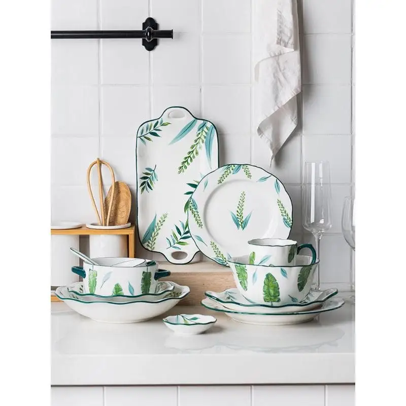 Promozione corea set di stoviglie ciotola di fabbrica all'ingrosso verde ombra pizzo ad alta temperatura sottosmalto colore Bone China stoviglie