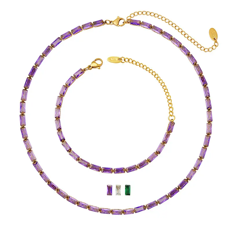 Set di gioielli per bracciali con collana in acciaio inossidabile con zirconi bianchi verdi viola piantati in oro 18 carati di alta qualità