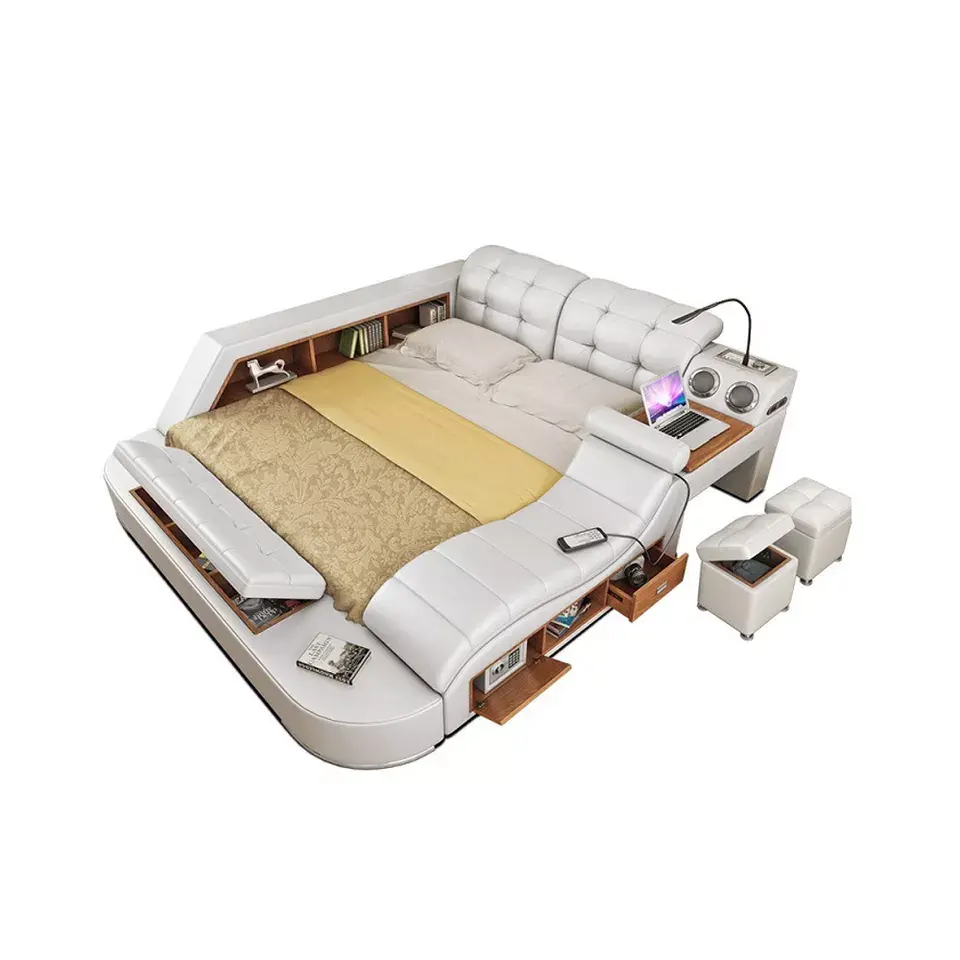Cama de cuero multifuncional para dormitorio, cama de masaje inteligente con carga USB y altavoz, almacenamiento moderno