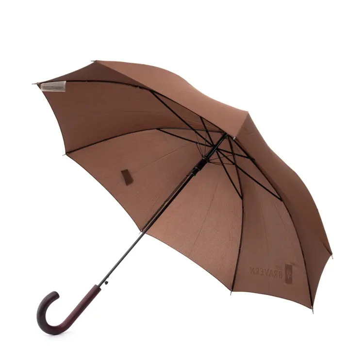 茶色フェルール木製Jハンドルホワイトロゴカスタムブランド名プリントgerader regenschirmストレート傘