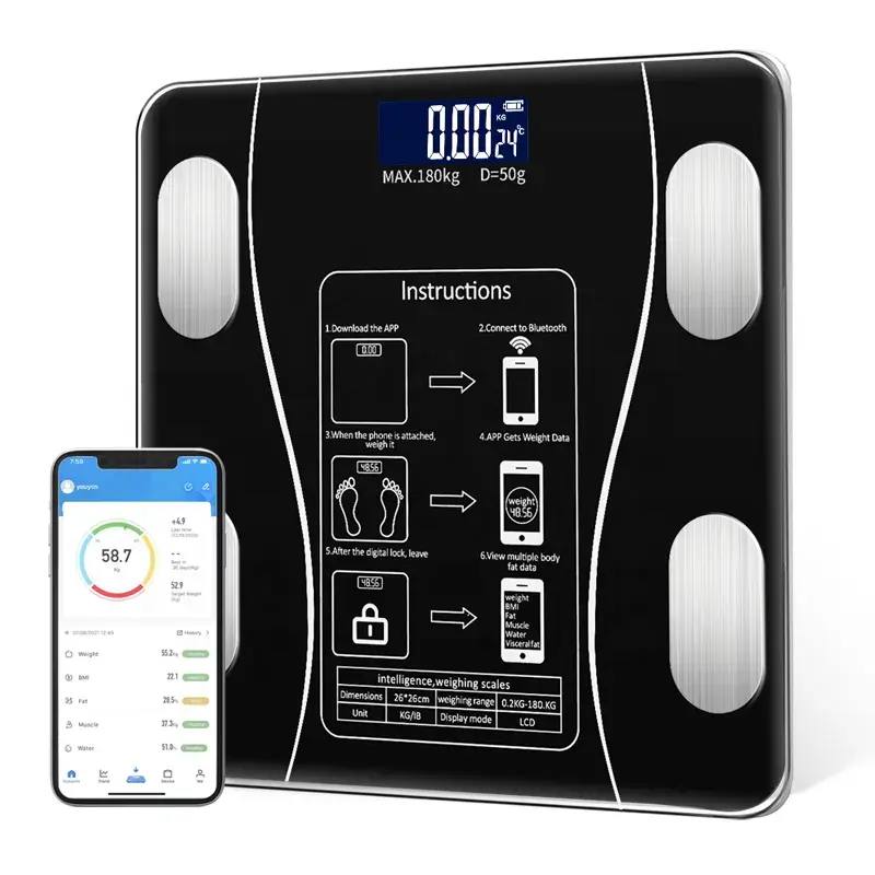 Báscula Digital electrónica inteligente para baño, balanza de peso humano con grasa corporal, 180kg, 396lb