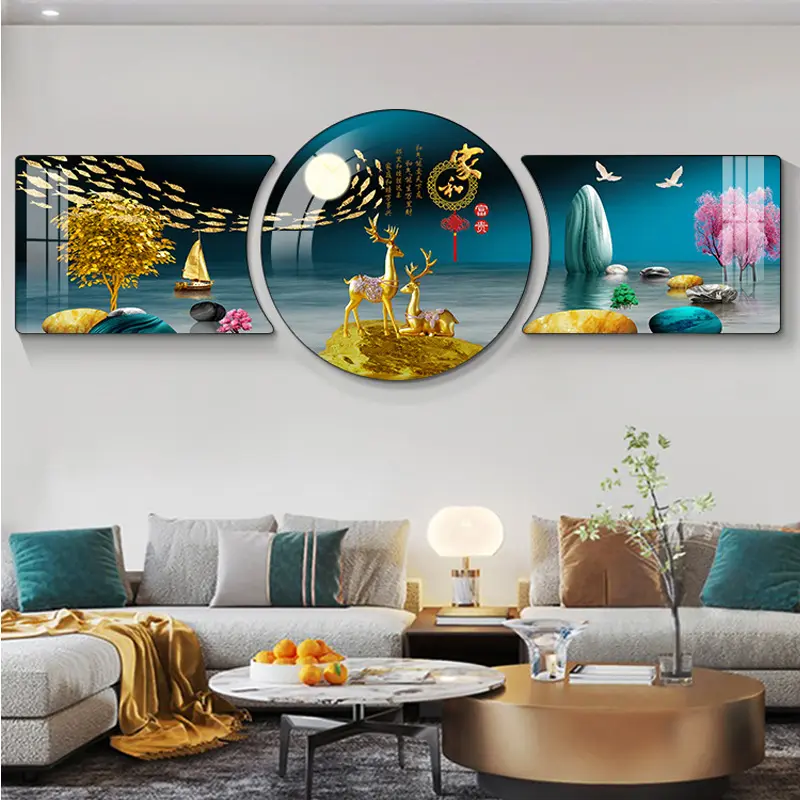 Moderno Simple sala de estar tríptico decorativo cristal porcelana diamante pintura sofá Fondo pared colgante Mural pared arte