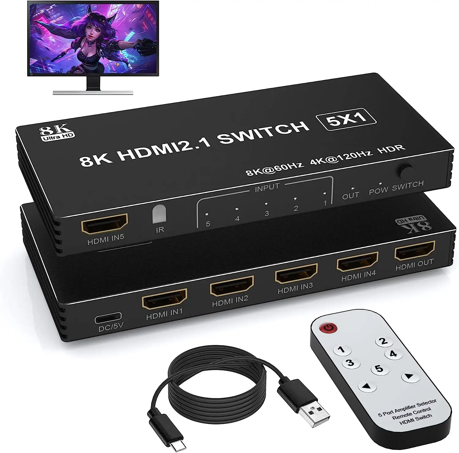 محول HDMI من Justlink فائق الدقة 8K منفذ HDMI2.1 5 في 1 مع جهاز تحديد ومفتاح تحكم عن بعد يعمل بالأشعة تحت الحمراء وHDTV و8K60Hz 4K120Hz لأجهزة Xbox PS4 PC TV