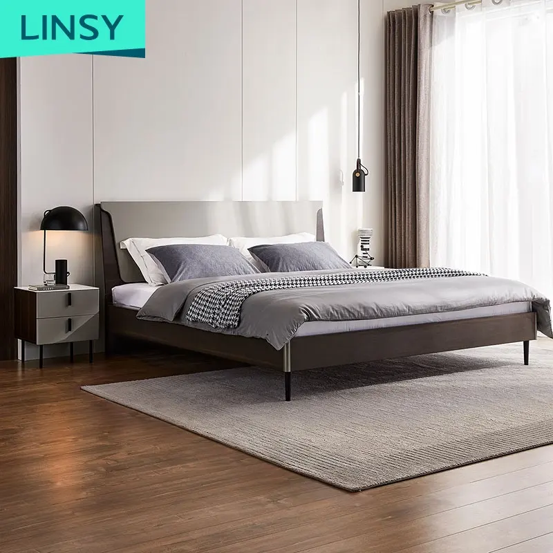 Linsy-cabecero minimalista de madera oscura, marco de cama King con almacenamiento, modelos de cama de madera JQ1A