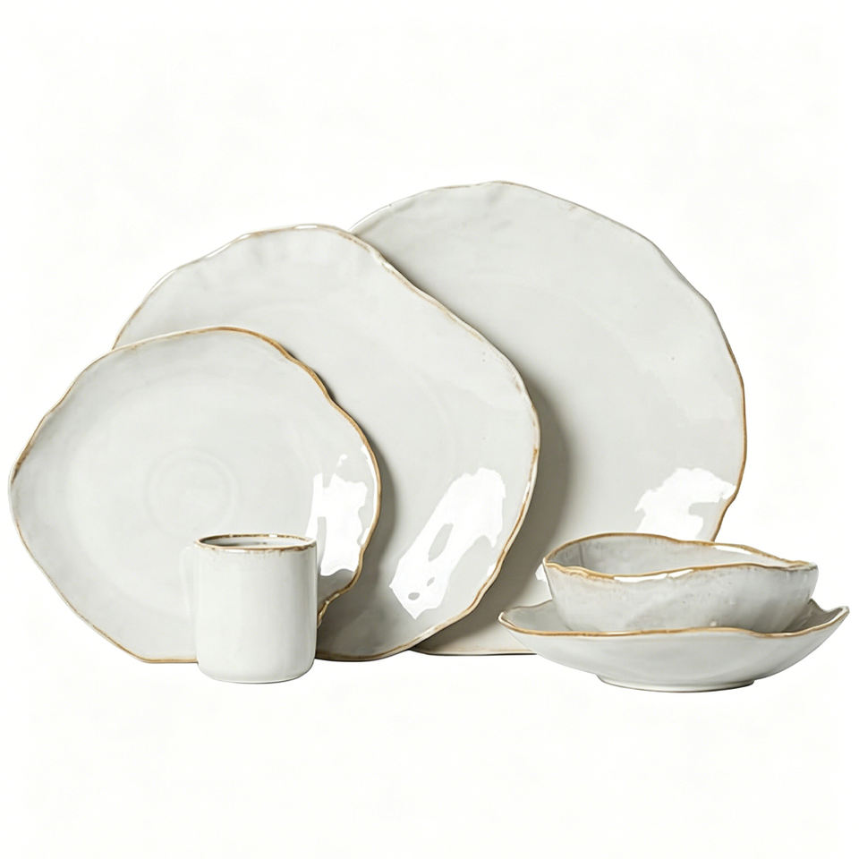 New Design White And Gold Rim Dubai Style Ceramic Dinnerware Set Irregular Porcelain Plate Bowl Mug Dinner Set For Hotel 2