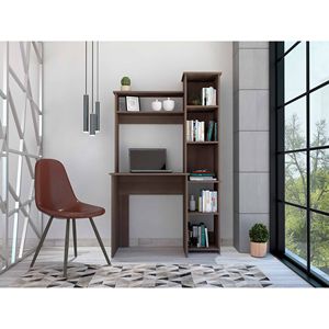 DB Smokey Oak Escritorio de 6 estantes Mesa extensible de computadora portátil con librería incorporada para sala de estar Material de madera - Product Image 1